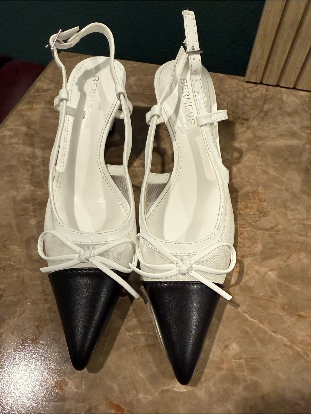 Berness White Slingback Pointed-Toe Flats with Black Cap Toe